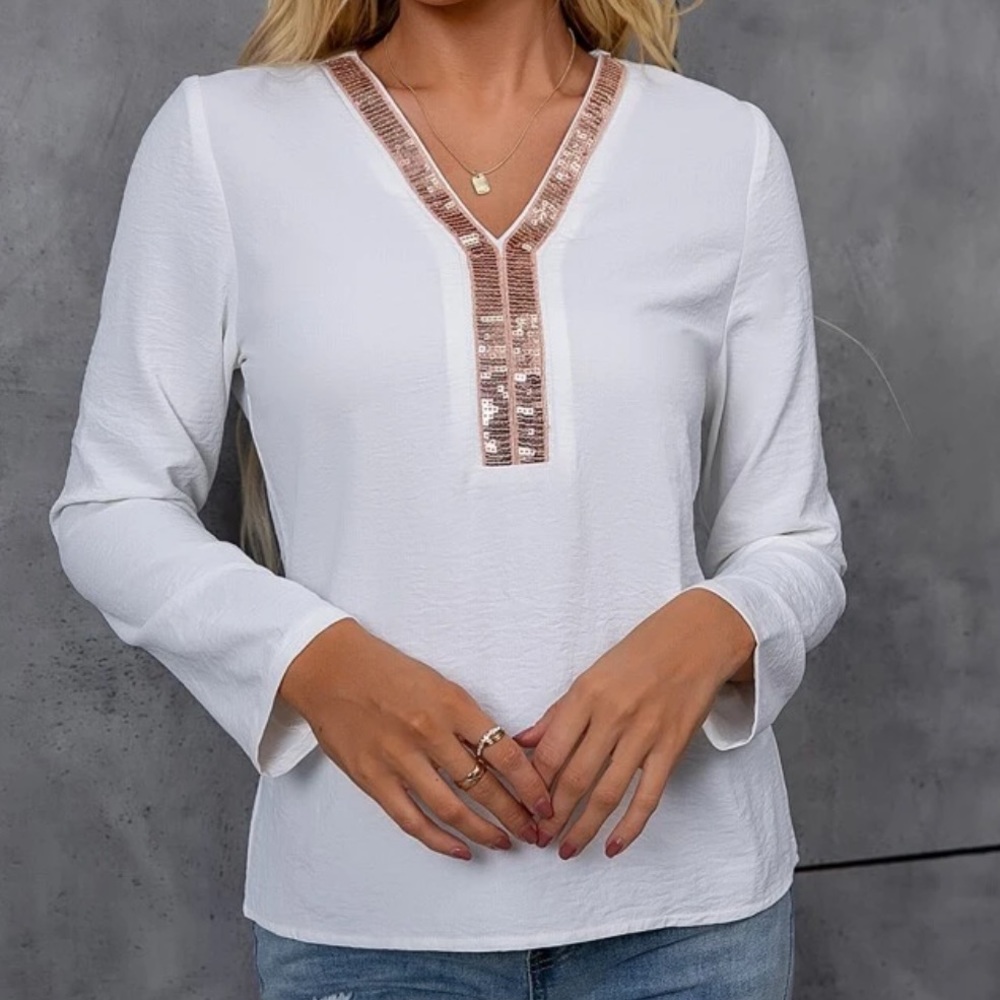 Boho sequins detail V neck blouse - Picture 4 of 4